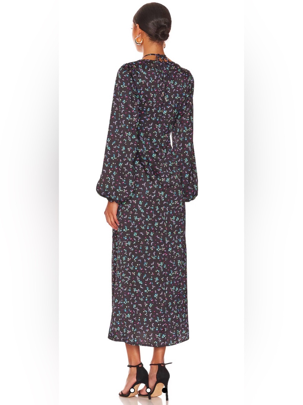 AFRM Portia Floral Satin Midi Dress Black Multicolor Long Sleeve Halter NWT M - Picture 3 of 9